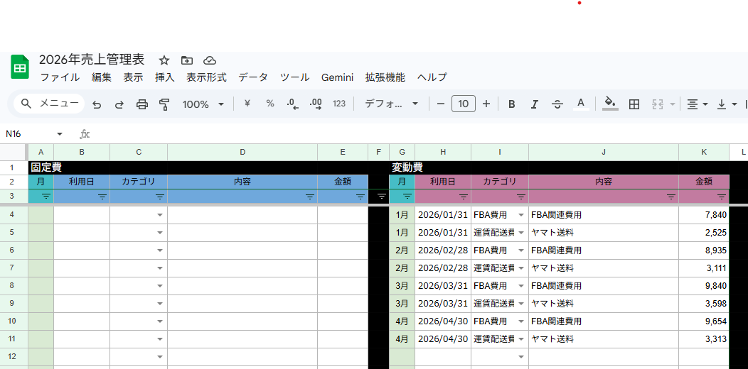 売上管理表の変動費エリア